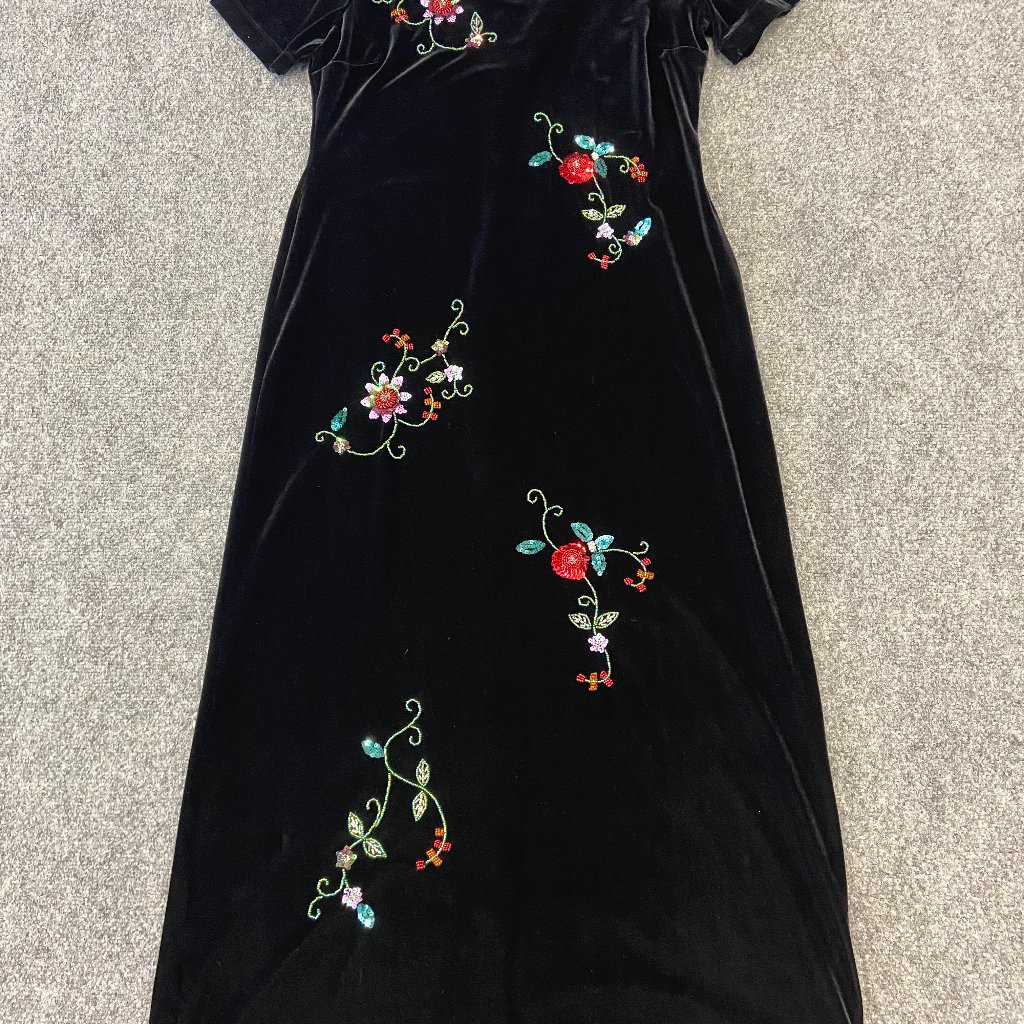 Vintage 90s Black Velvet Dress Sequin Beaded Floral Maxi L